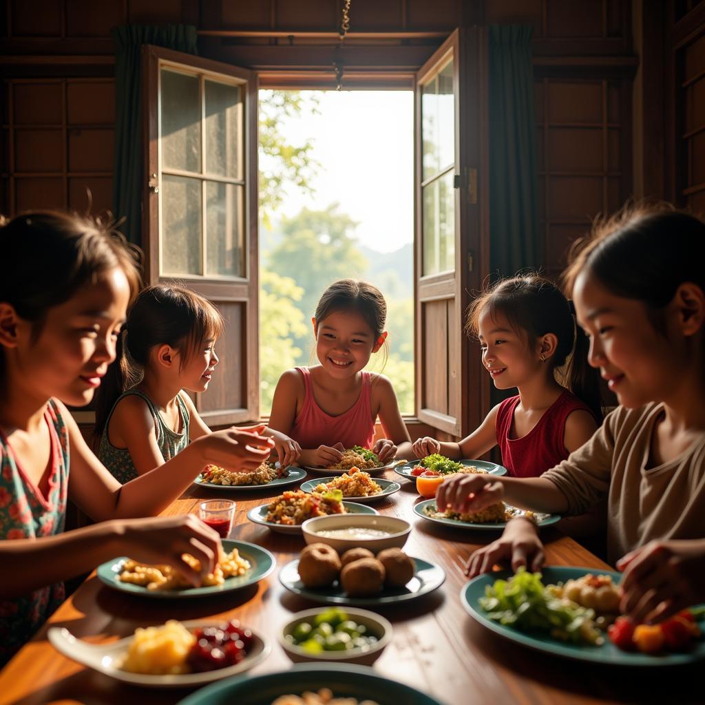 Cambodian Family Enjoying a Meal Together During a Homestay