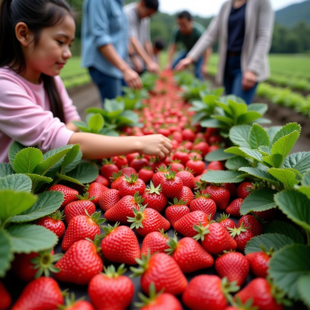 Visitors picking strawberries at a local farm