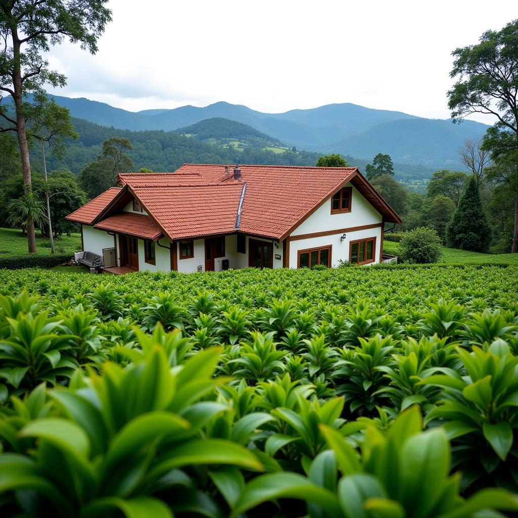 Chikmagalur Coffee Plantation Homestay: A serene view of a traditional homestay nestled amidst lush coffee plants, with rolling hills in the background.