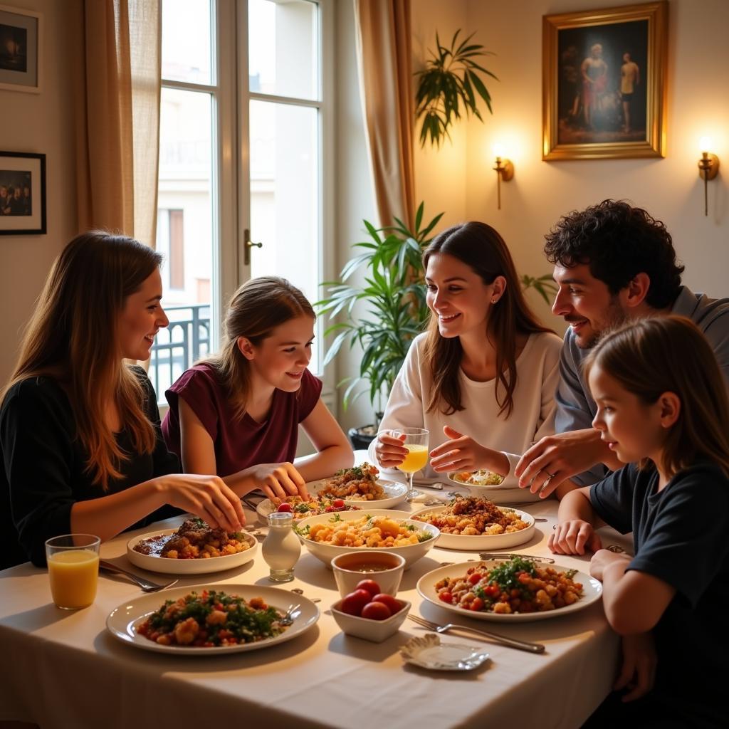 Family enjoying a meal together in a Barcelona chitai homestay