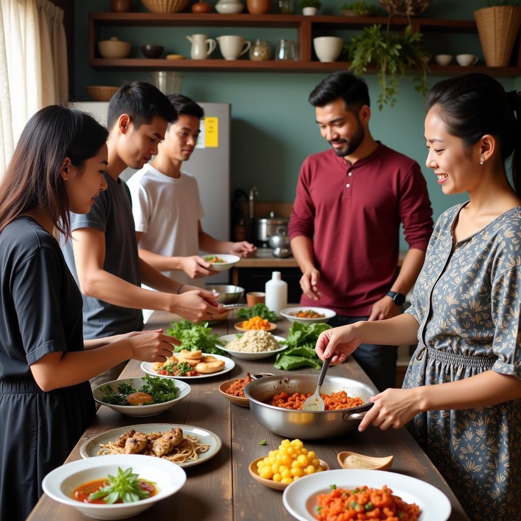 A cooking class in a Malaysian homestay in Besut, with guests learning to prepare traditional dishes.