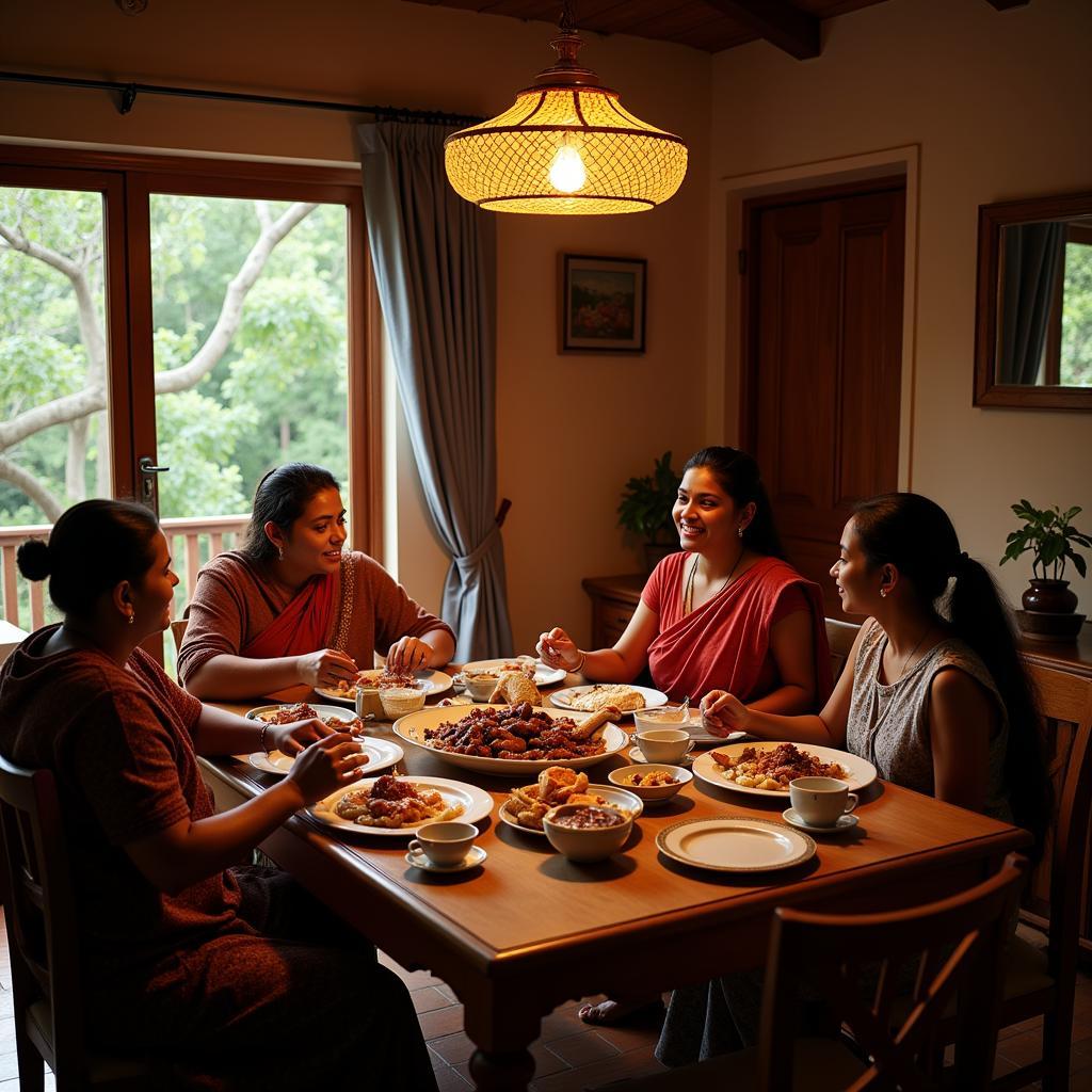 A family enjoying a traditional Coorgi meal together in a homestay.