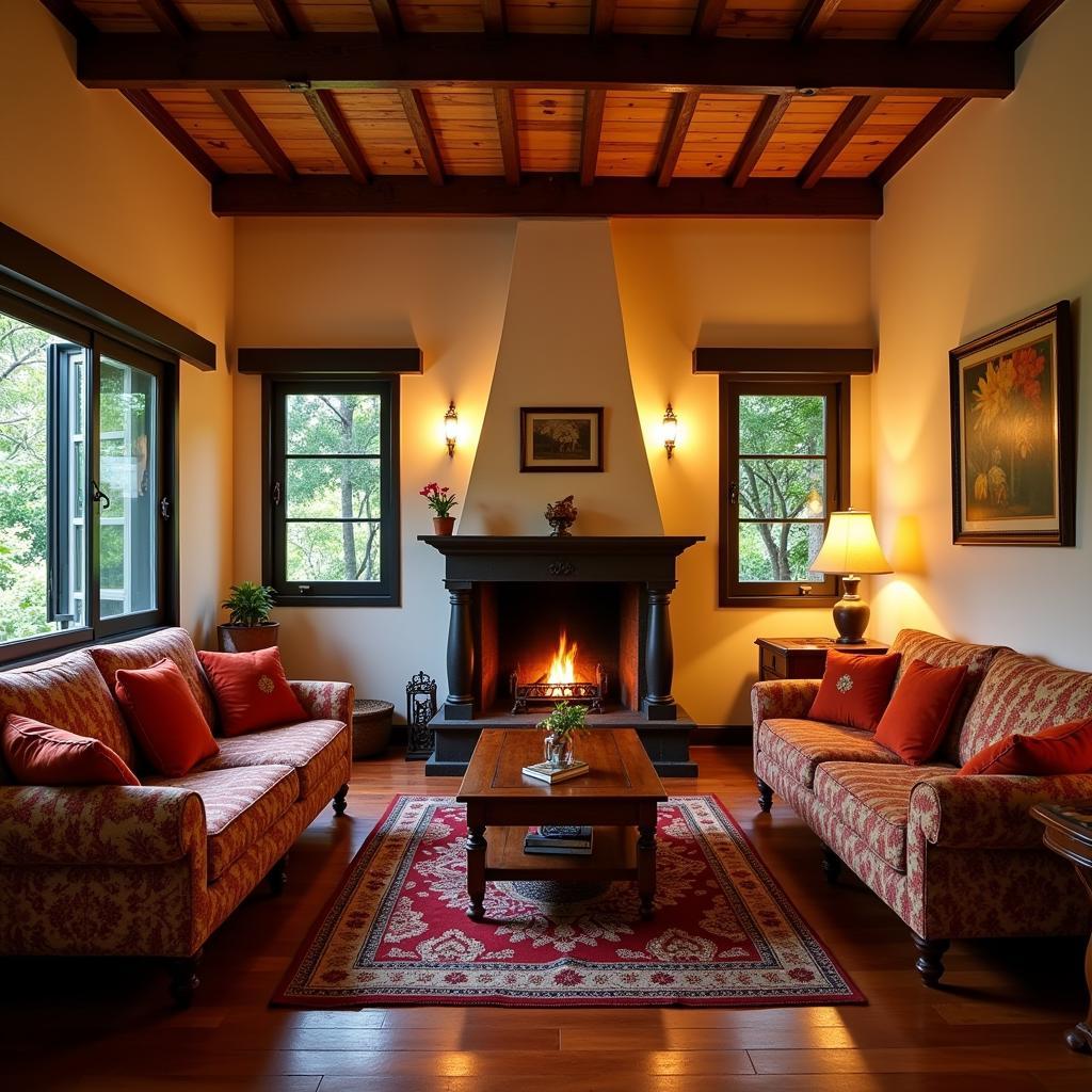 Cozy interior of a Coorg homestay with traditional decor and warm lighting