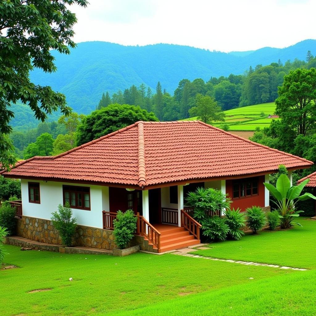 A picturesque view of a traditional Coorg homestay nestled amidst lush green coffee plantations.