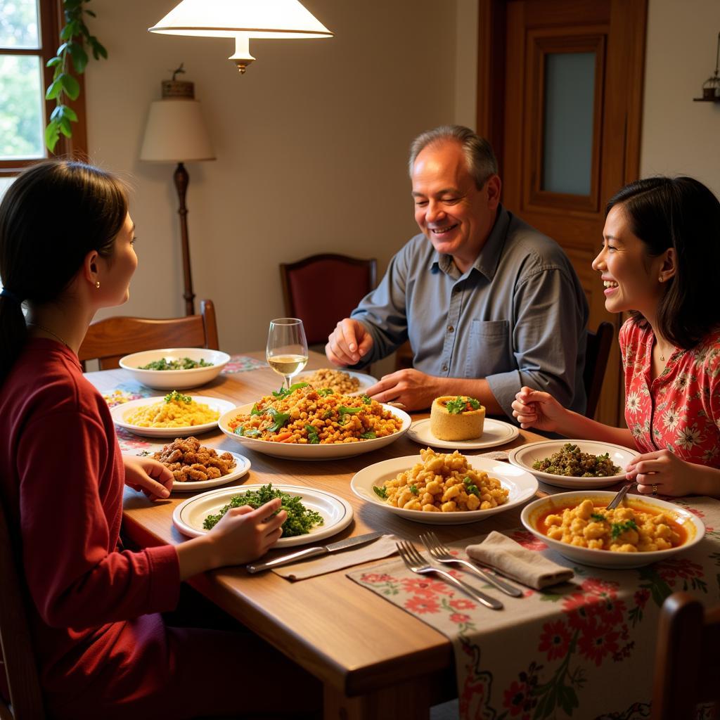 A family enjoying a traditional Coorgi meal together in a homestay.