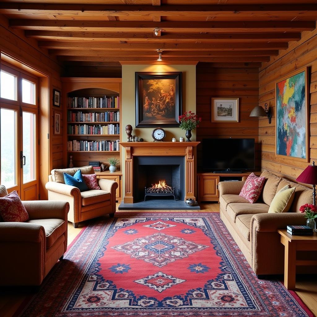 Cosy living room in a Manali homestay with traditional Himachali decor.