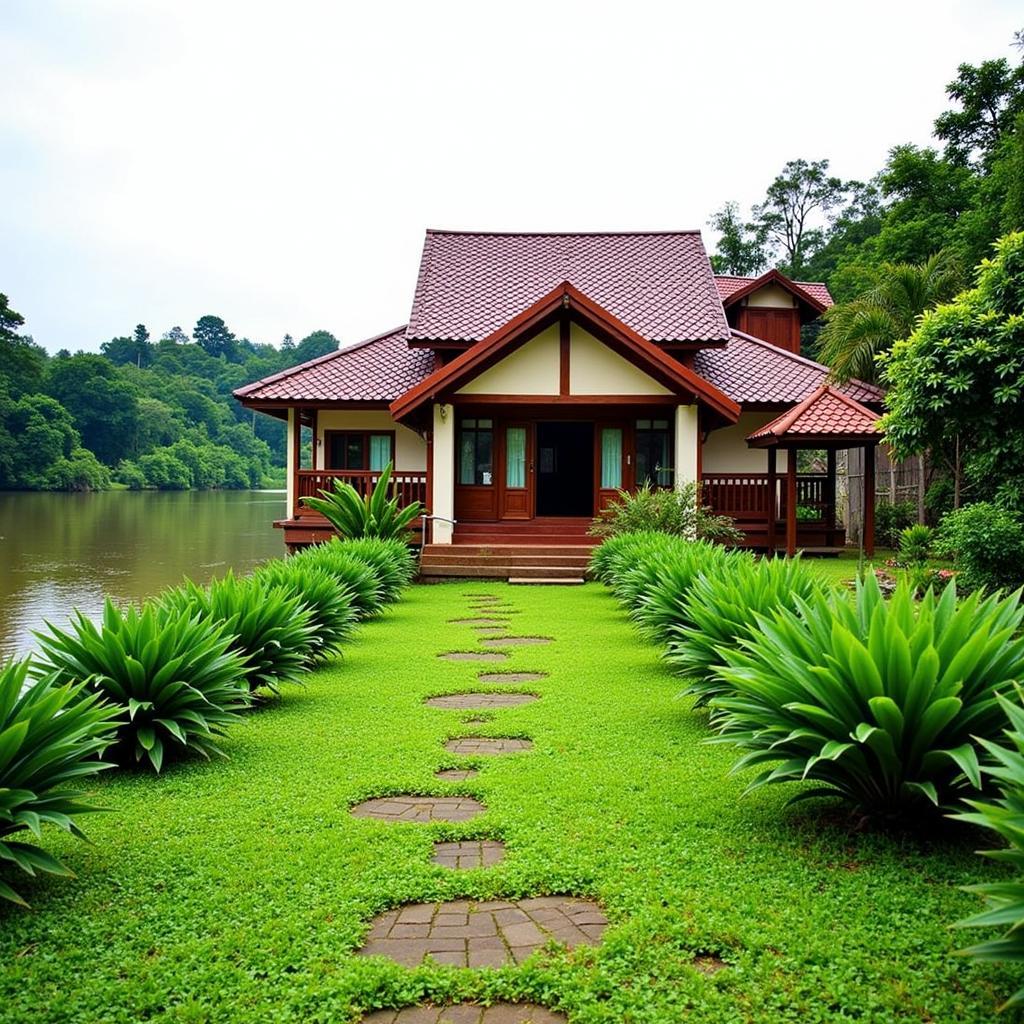 D River View Lodge exterior showcasing its traditional Malaysian architecture and lush garden.