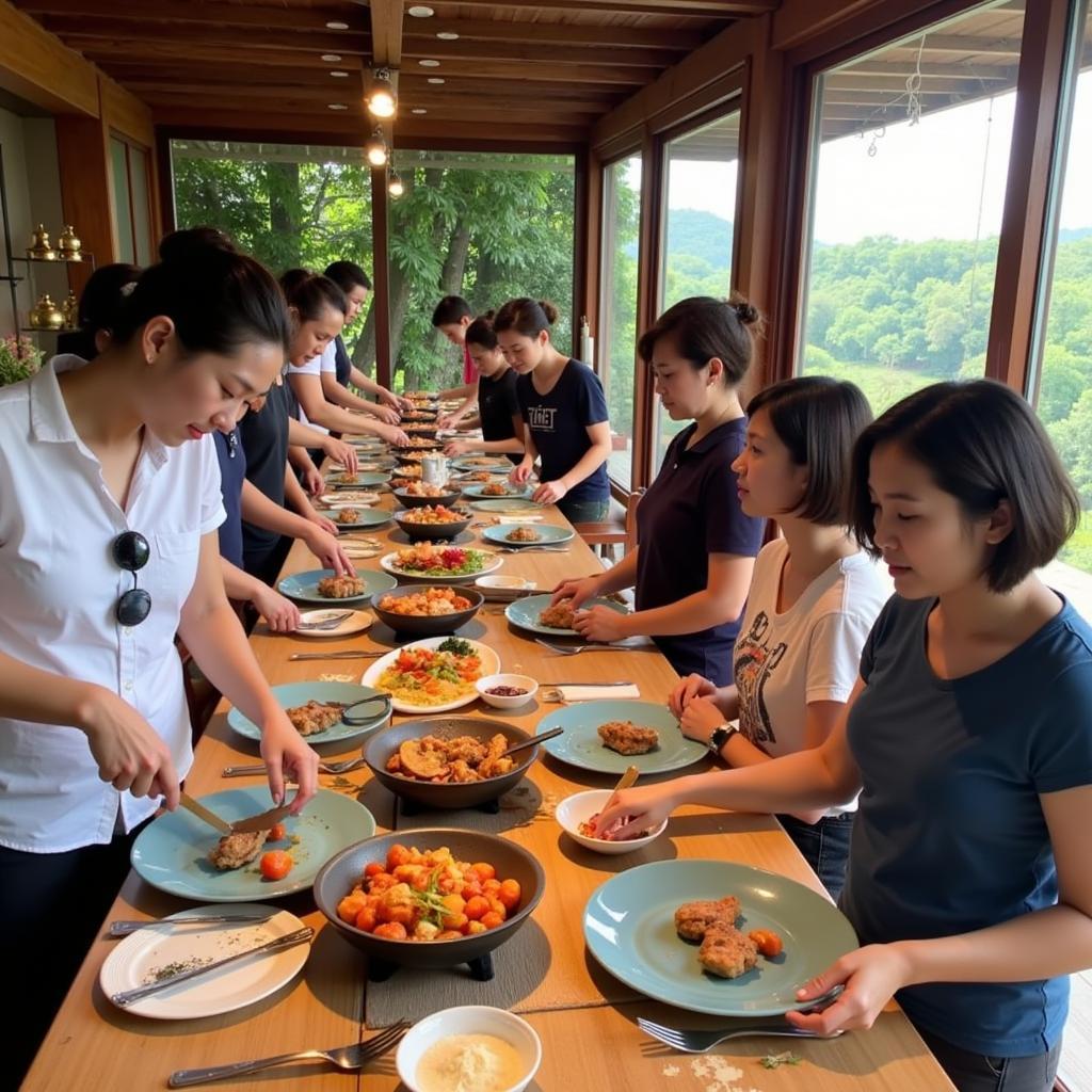 Guests participating in a Vietnamese cooking class at their Da Lat homestay