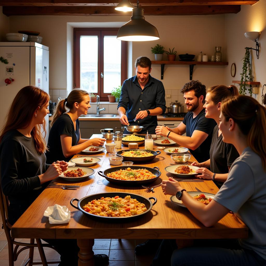 Guests participating in a Spanish cooking class at a Dandeli homestay