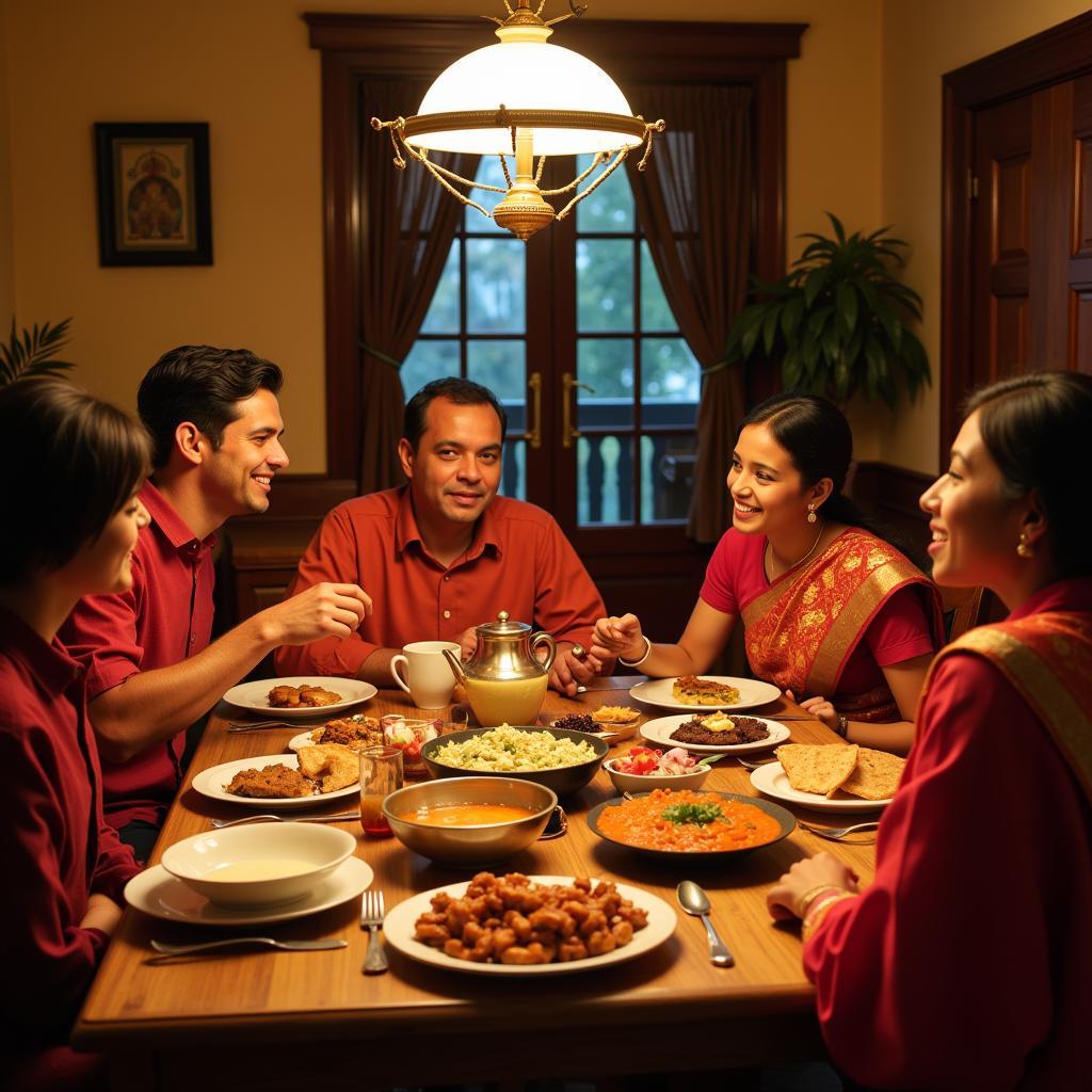 Family enjoying a traditional dinner at a dhanaulti homestay