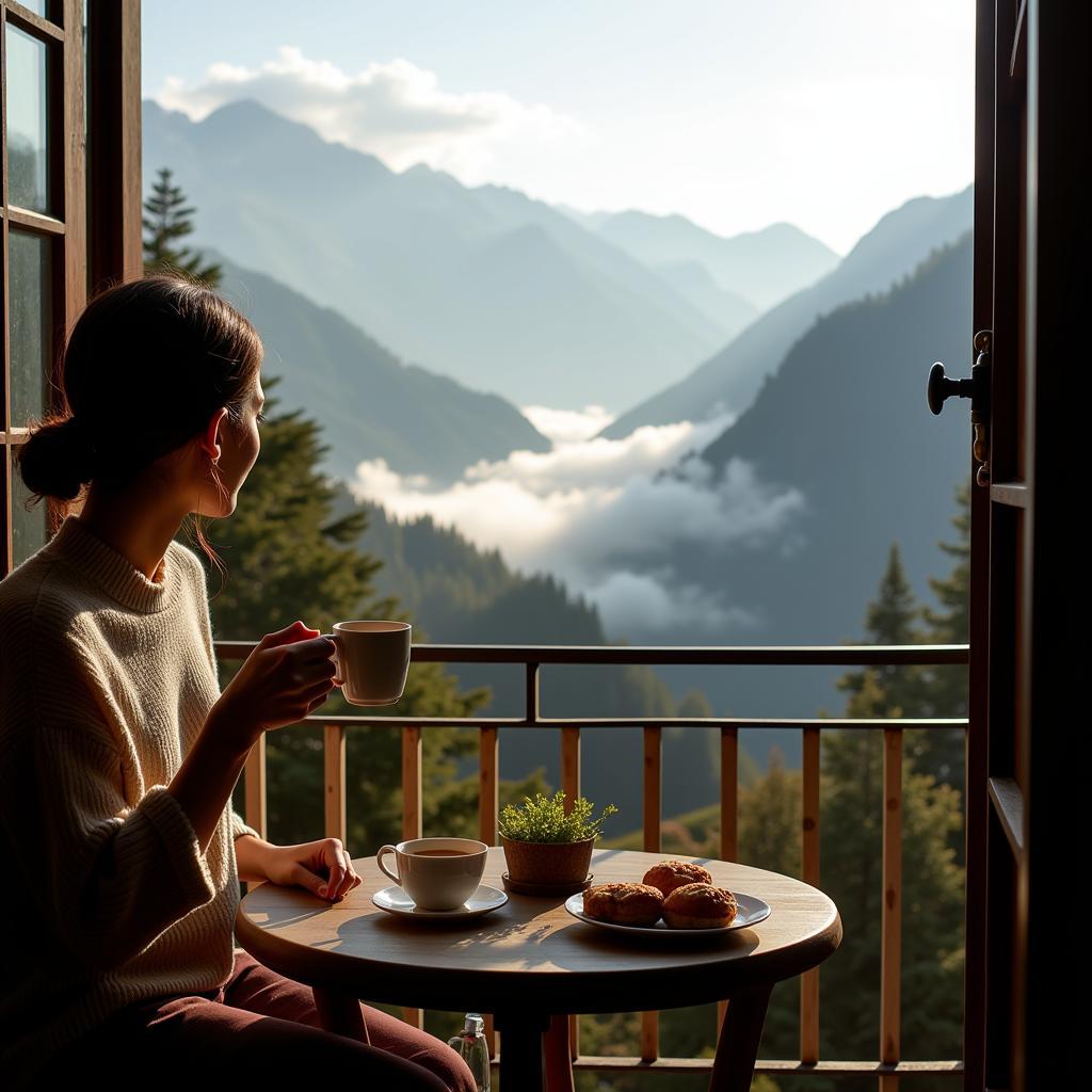 Enjoying morning tea with a Himalayan view at a dhanaulti homestay