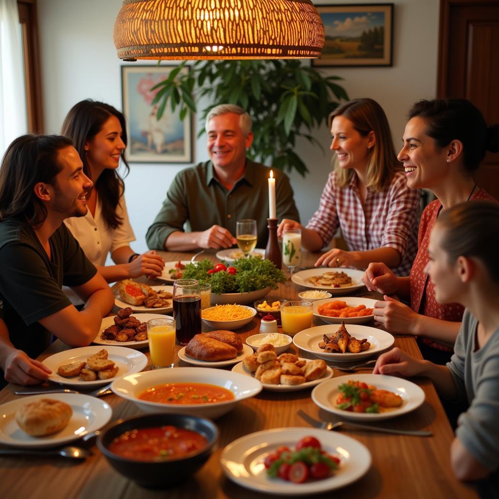 A Spanish family enjoying a meal together in their home