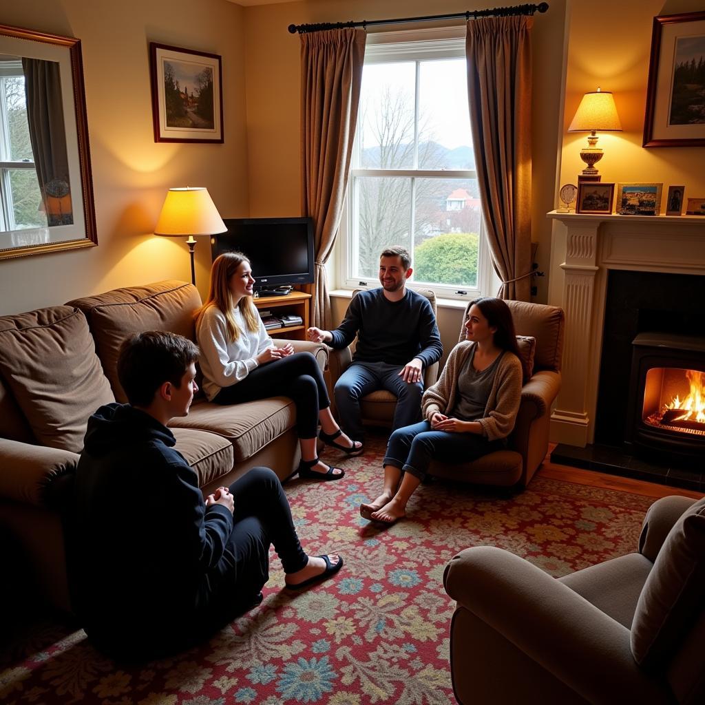 A warm and welcoming Scottish family interacting with their homestay student, sharing stories and laughter around a cozy fireplace.