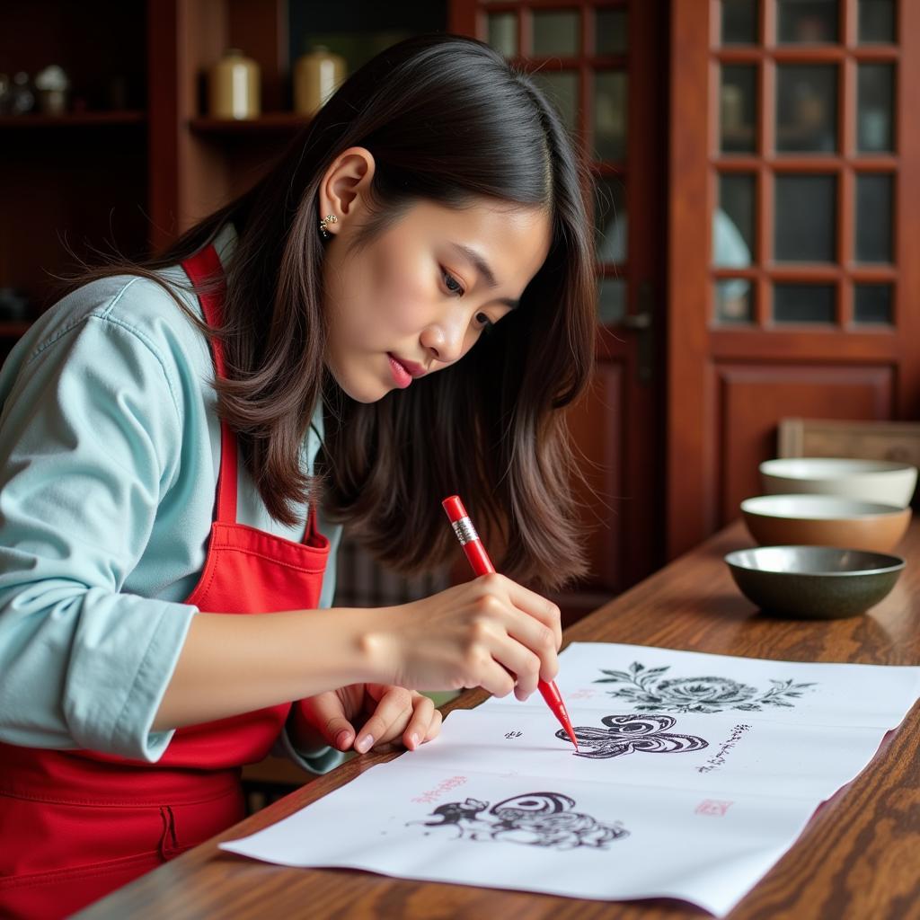 Student Participating in Traditional Vietnamese Cultural Activity