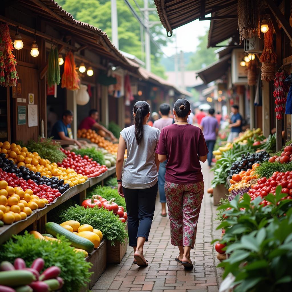 Homestay guest exploring a local market with their host