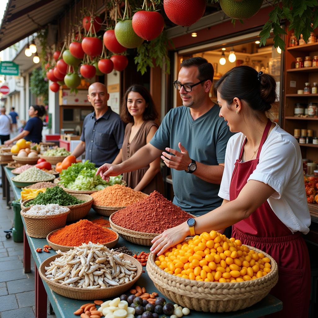 Guests exploring a bustling Spanish market with their homestay PJS 7 host