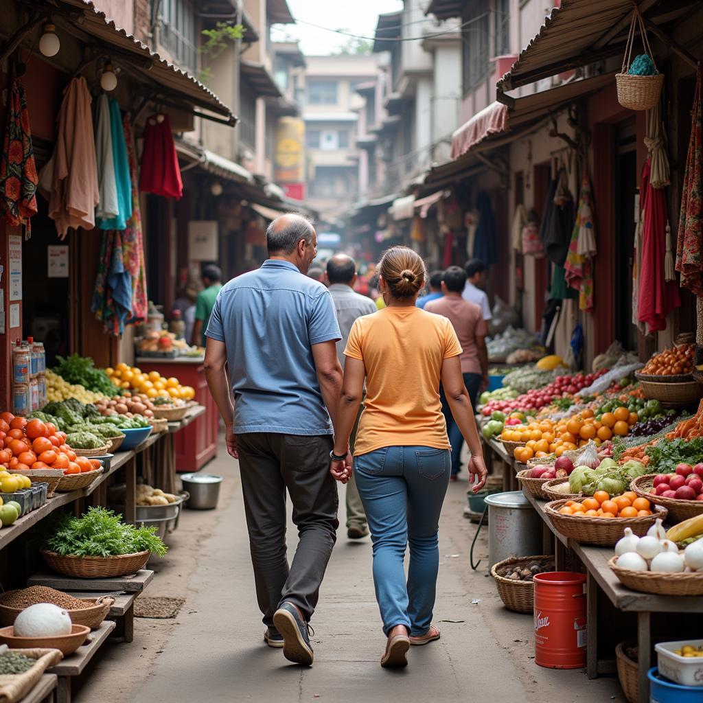 Guests exploring a vibrant local market in Mumbai with their homestay host