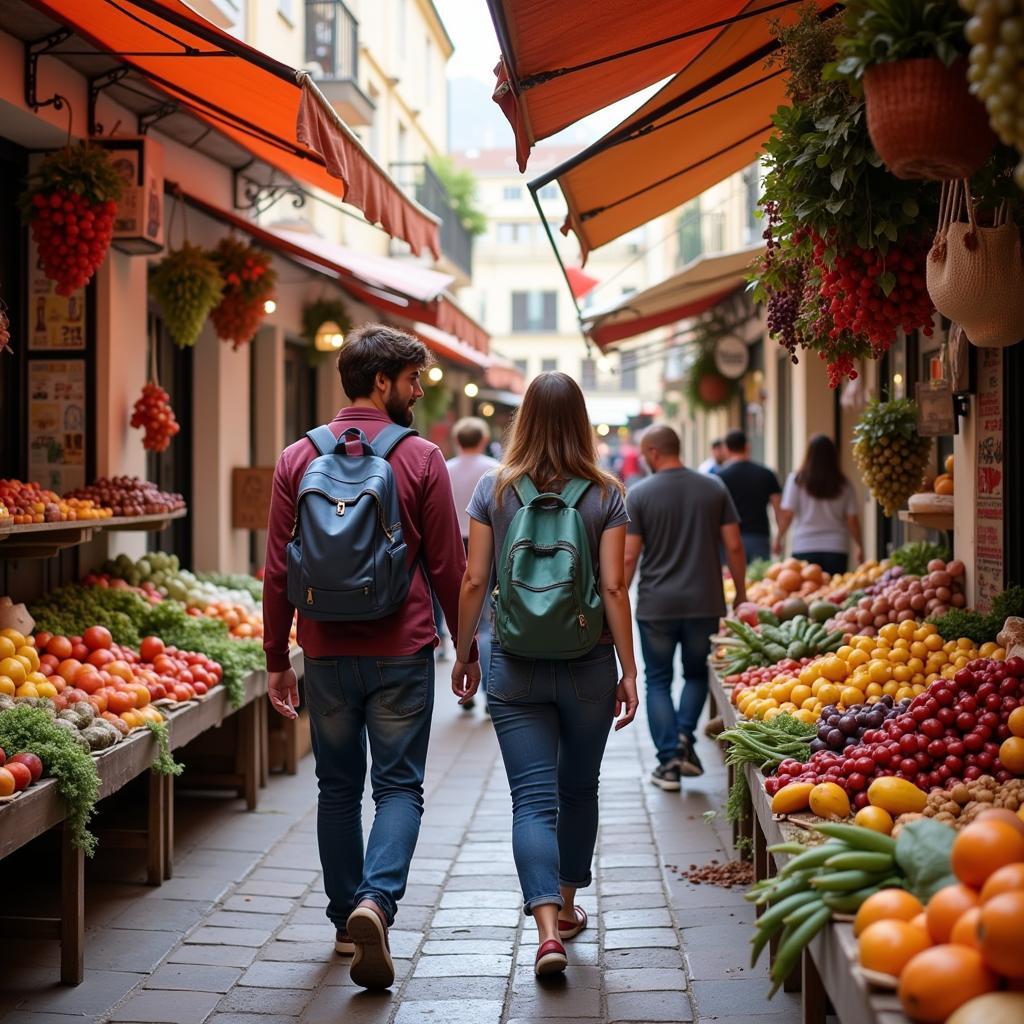 Highline College student exploring a vibrant Spanish market with their host family