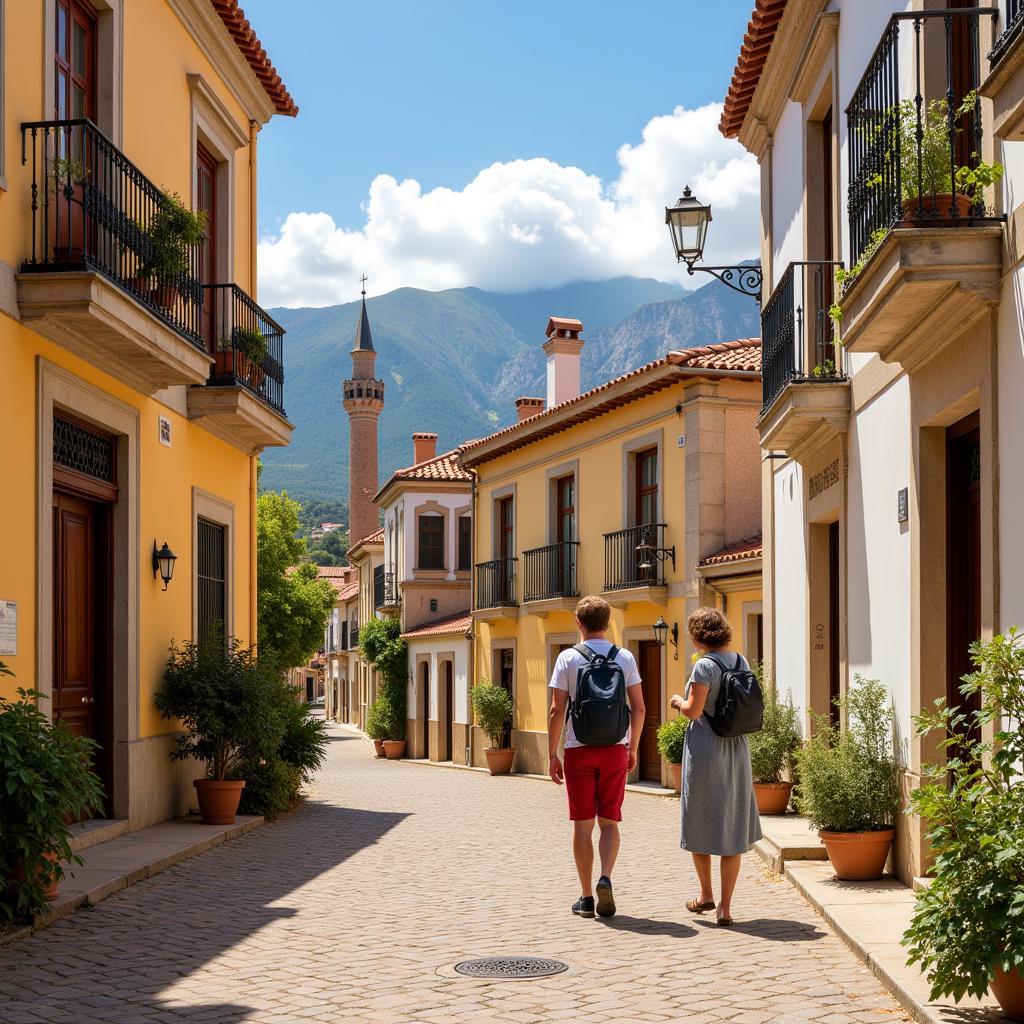 A traveler exploring a quaint Spanish village, guided by their host family during their bidyang homestay.