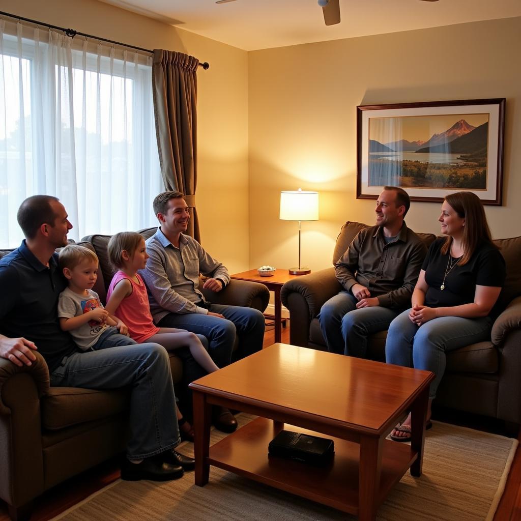 A family enjoying their stay at Almond Villa Homestay, interacting with the local hosts.