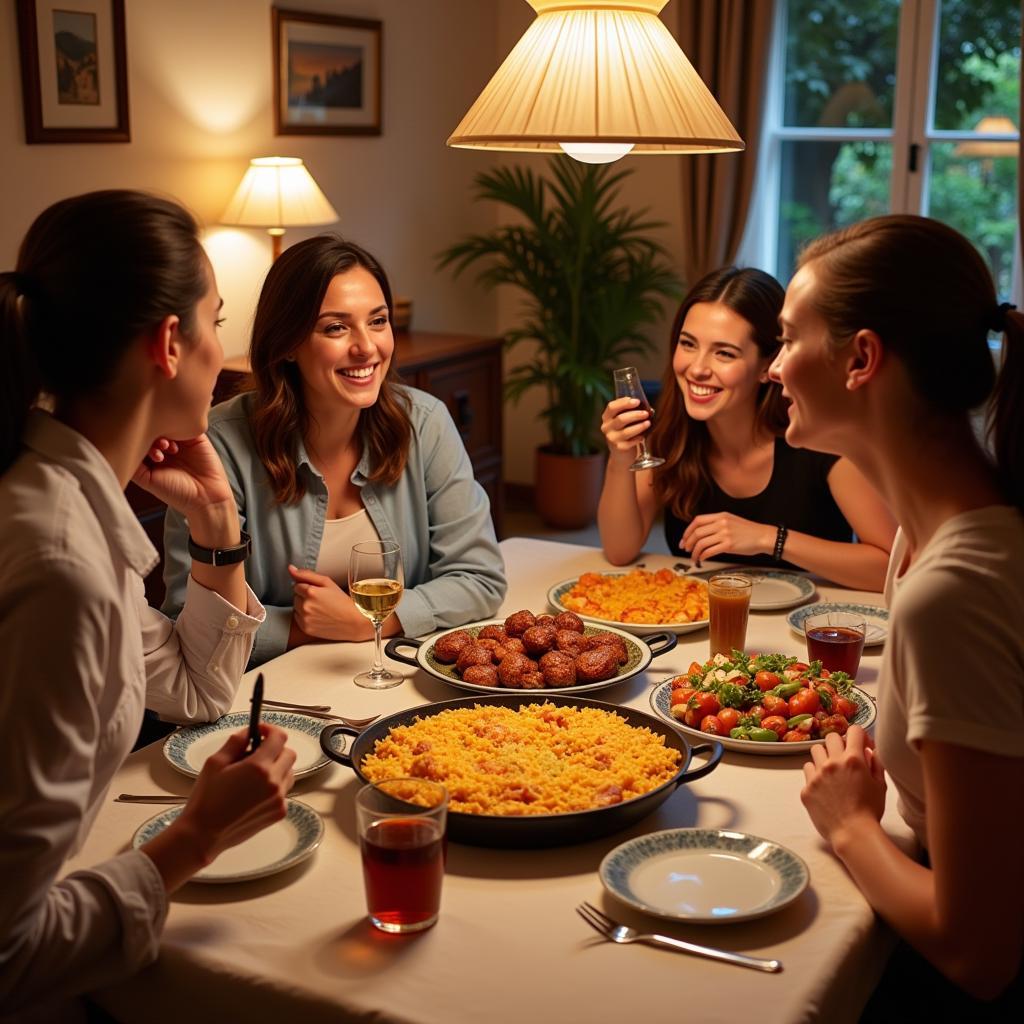 Family Enjoying Paella in Spanish Homestay