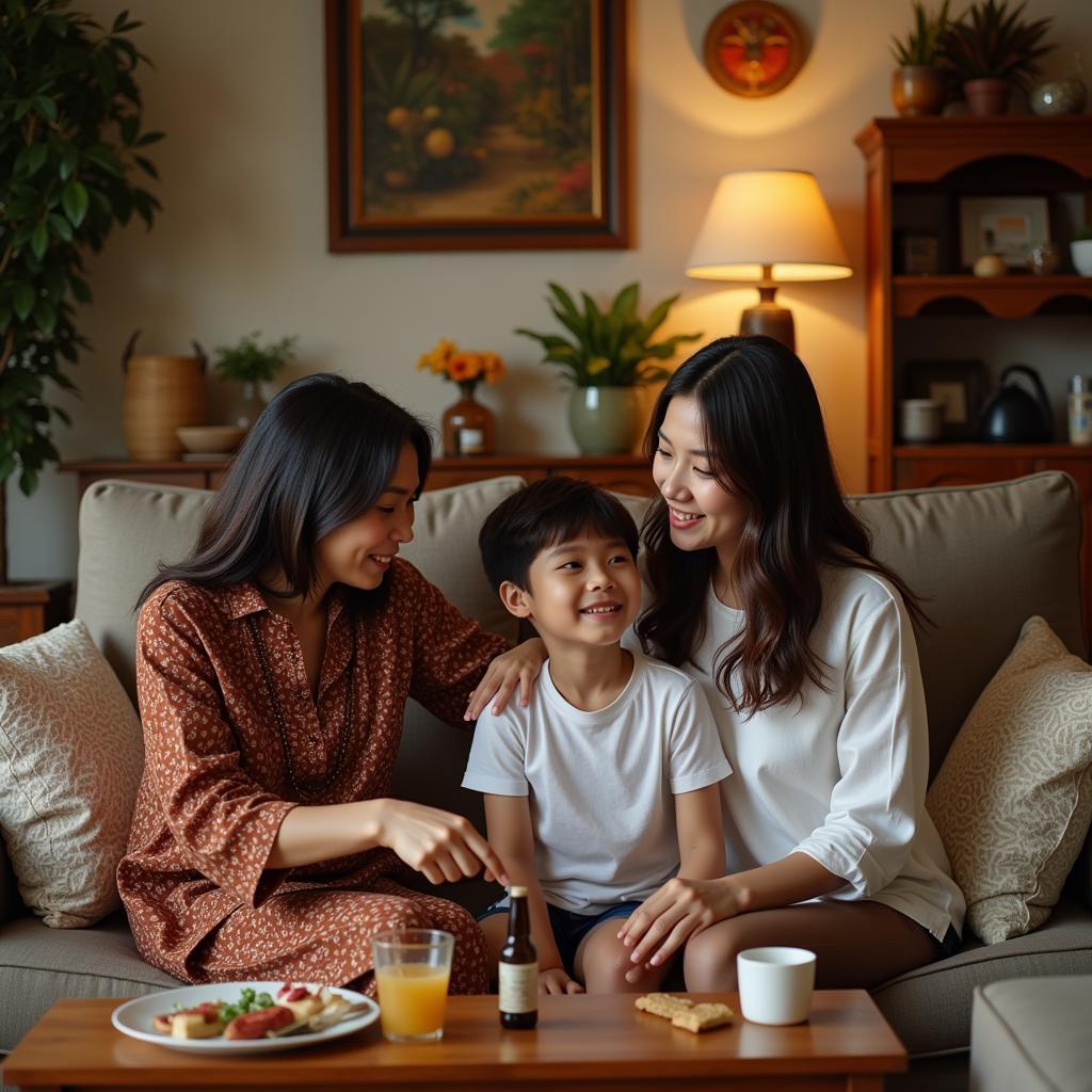 Family enjoying their time together in the living room of a homestay in Bandar Melaka