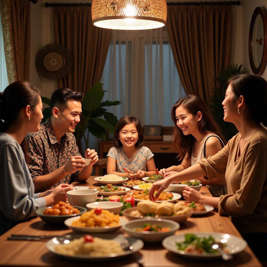 Family enjoying a traditional Malaysian dinner at a famous homestay