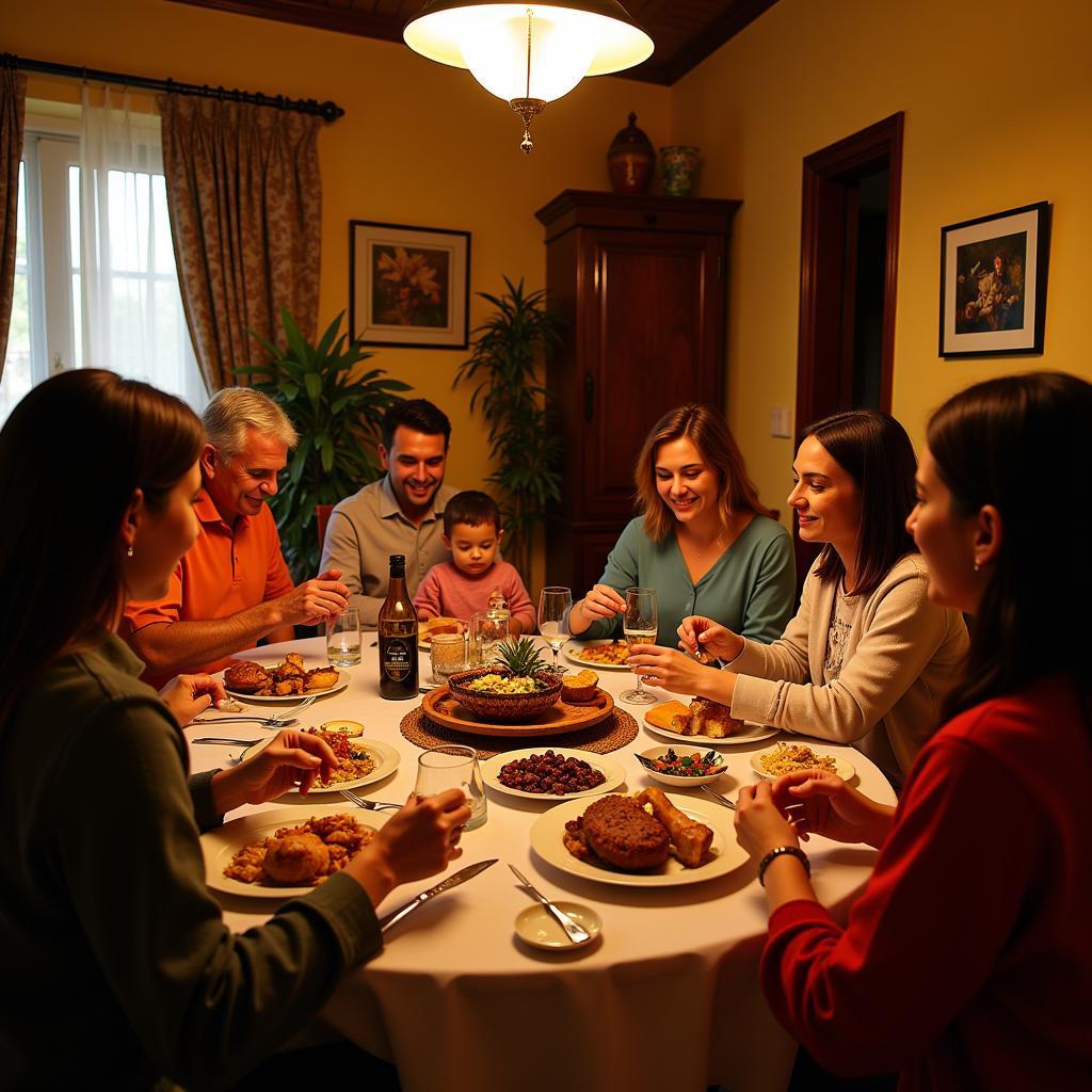 Fawwaz homestay guests enjoying a traditional Spanish dinner with their host family in a cozy setting.