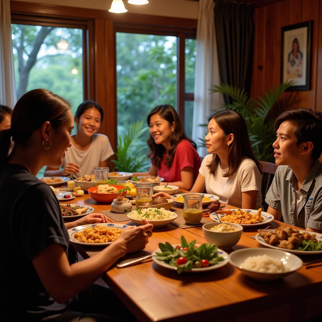 Filipino family sharing dinner with homestay guests