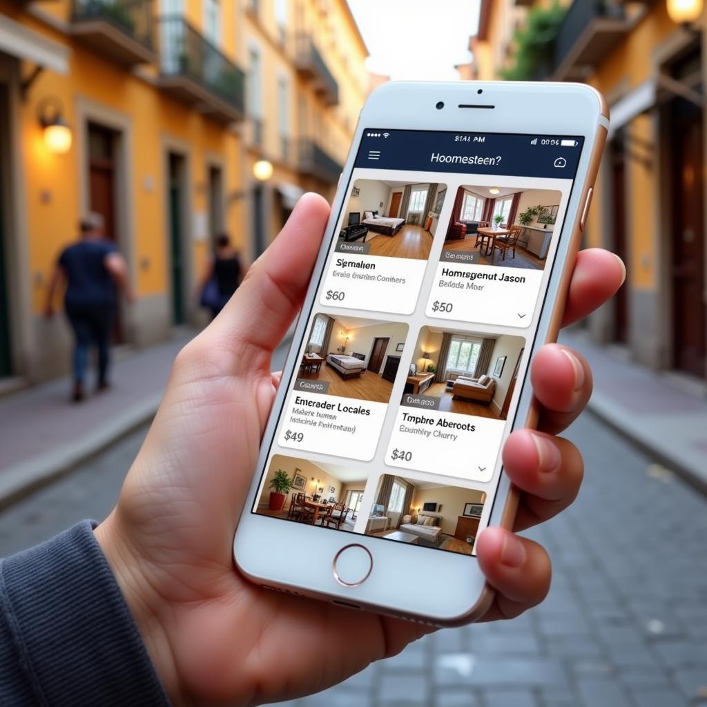 A traveler using a homestay booking app on their phone
