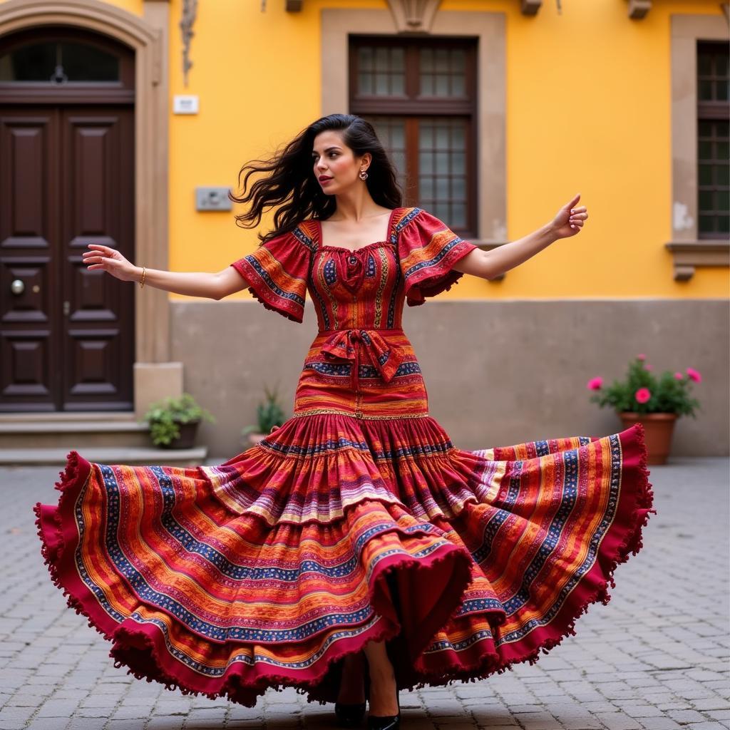 A vibrant flamenco dancer performs in a traditional Sevillian setting.