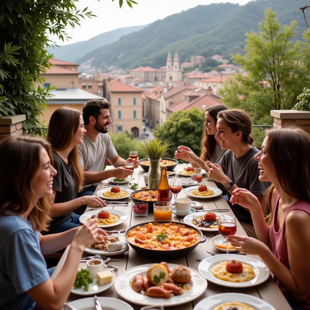 Foreign students enjoying paella with their host family in Spain