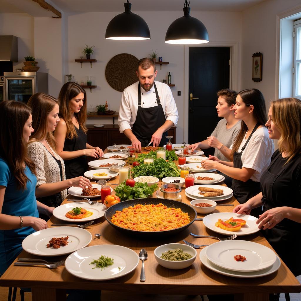 Guests participating in a Spanish cooking class at Gatikallu homestay, learning to prepare traditional dishes with local ingredients.