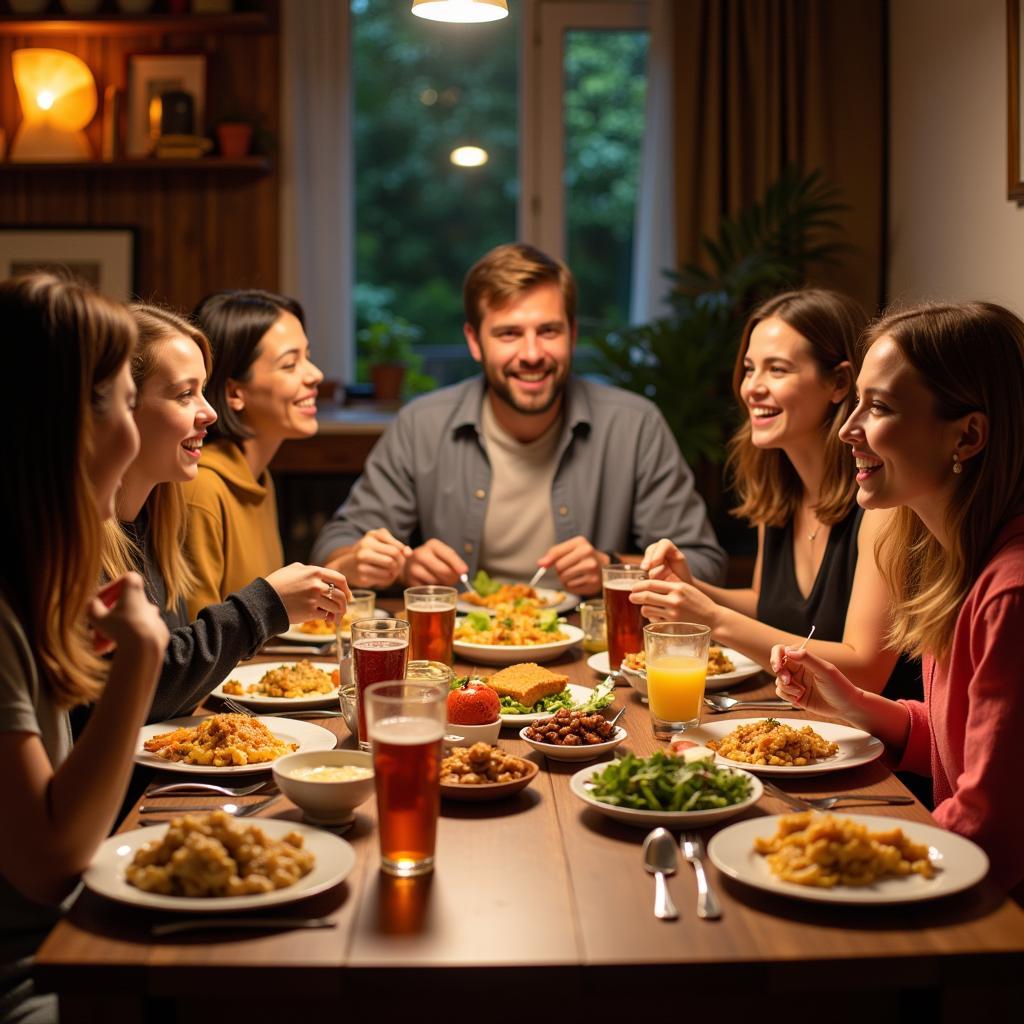 A group of friends enjoying a meal together in a New York City homestay, laughing and sharing stories.