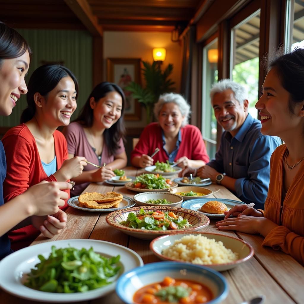 A Goan family sharing a meal with homestay guests