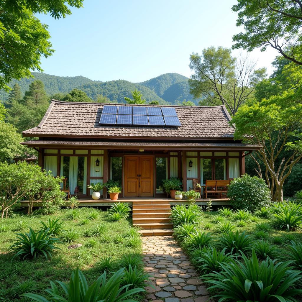 Eco-friendly homestay nestled in the lush green landscape of Green Island, Taiwan, showcasing traditional architecture and sustainable practices.