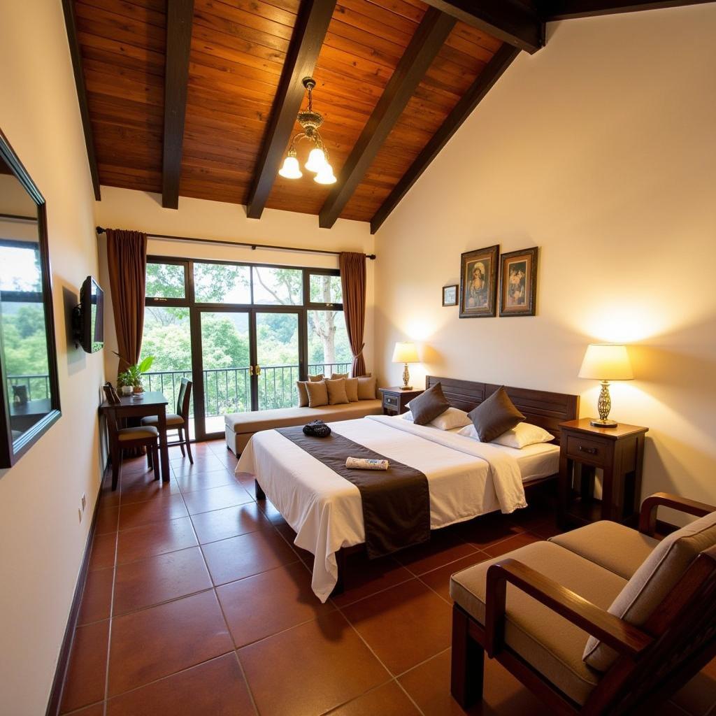 A cozy and comfortable room inside Green Savana Homestay, decorated with traditional Javanese elements.