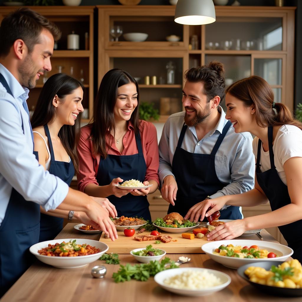 Guests participating in a cooking class with their homestay family in Guadalajara