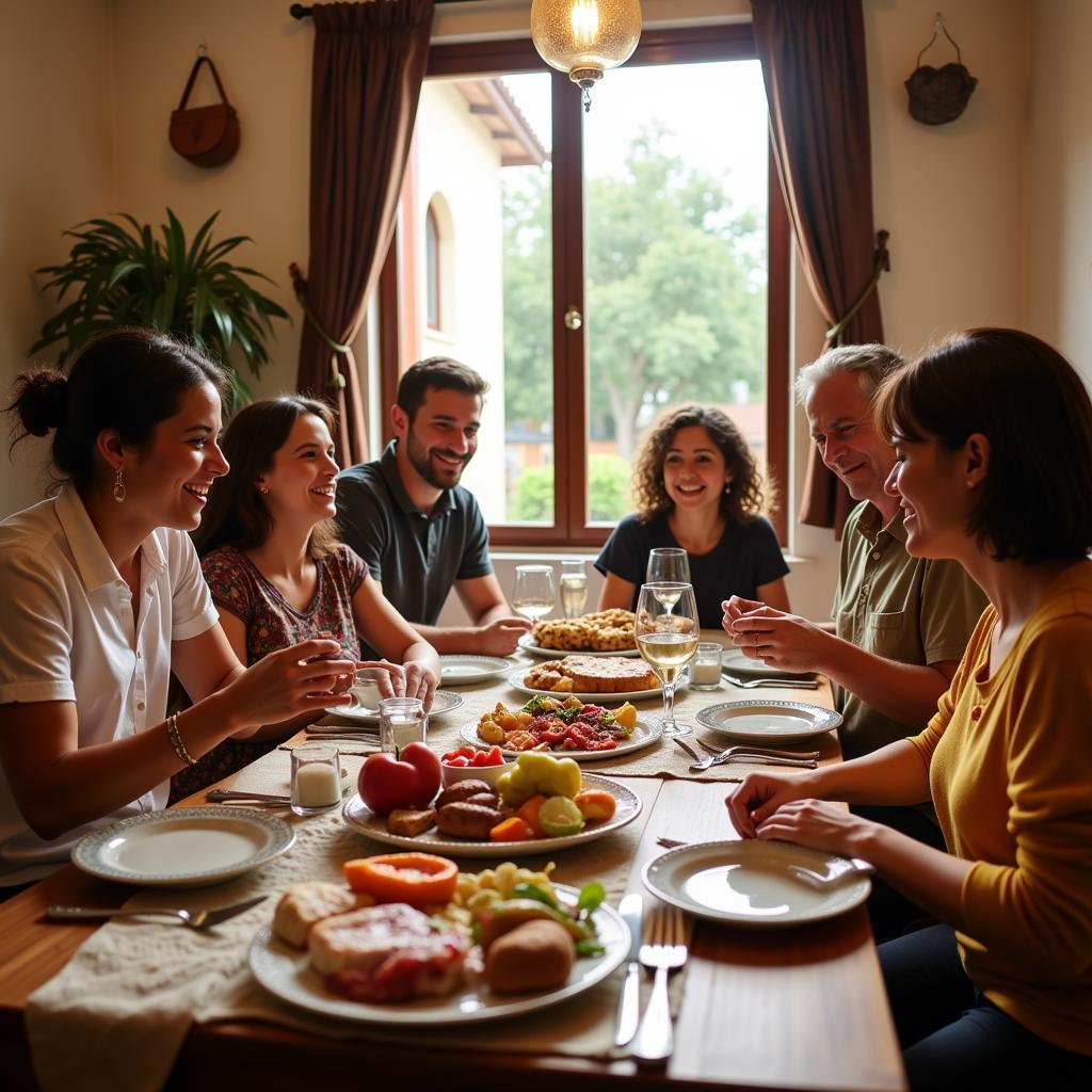 Family enjoying a traditional Spanish dinner in a Guadalajara homestay