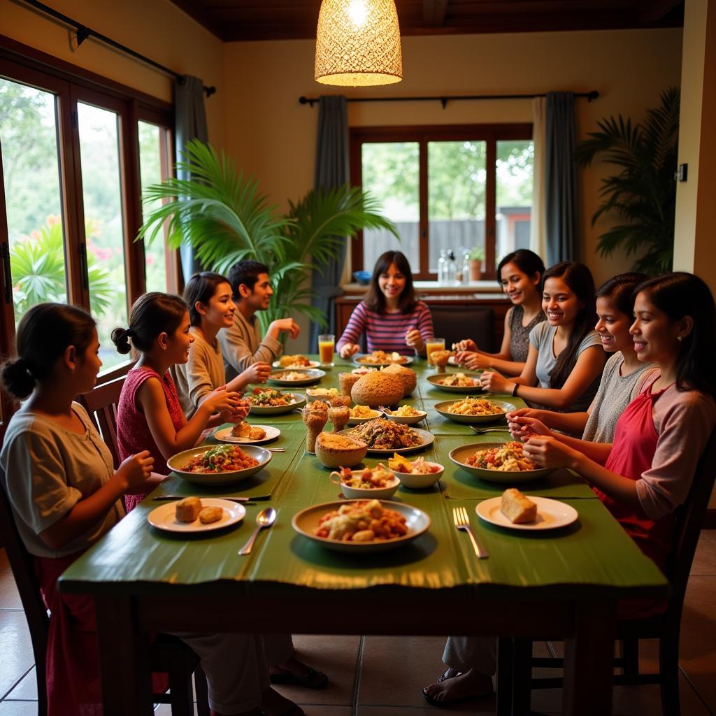 Family enjoying a traditional Kerala meal in a homestay