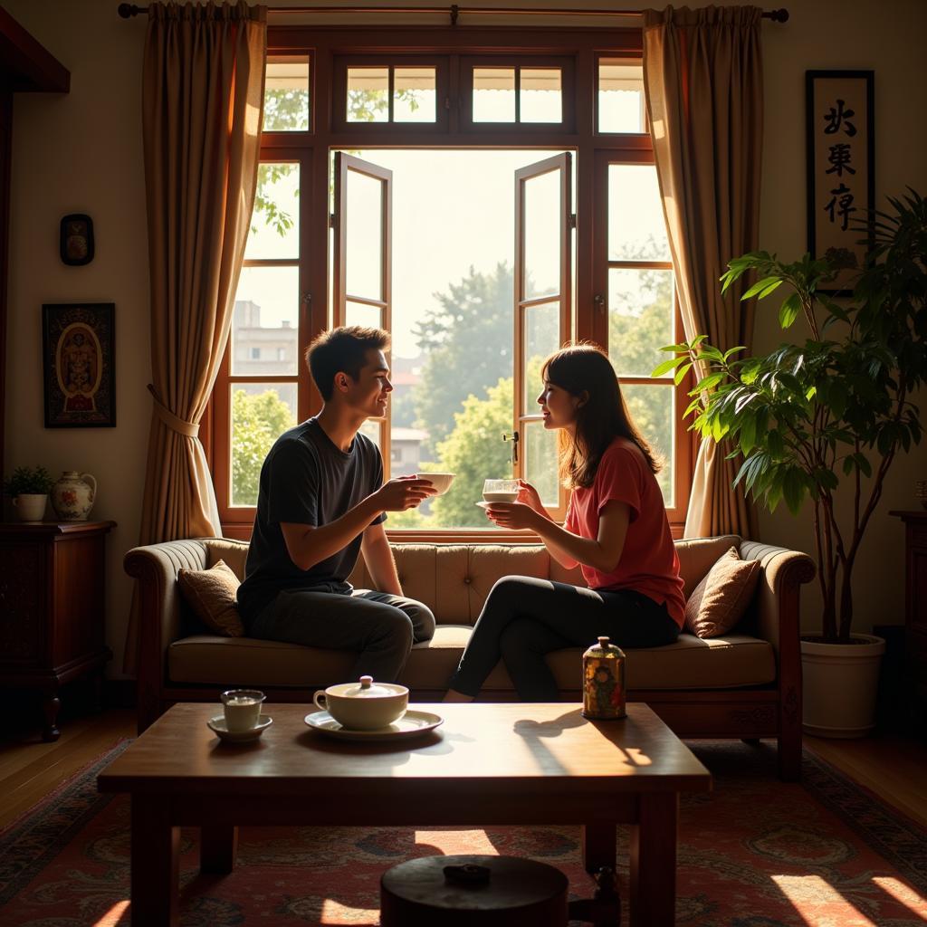 Couple enjoying tea in a traditional Hanoi homestay