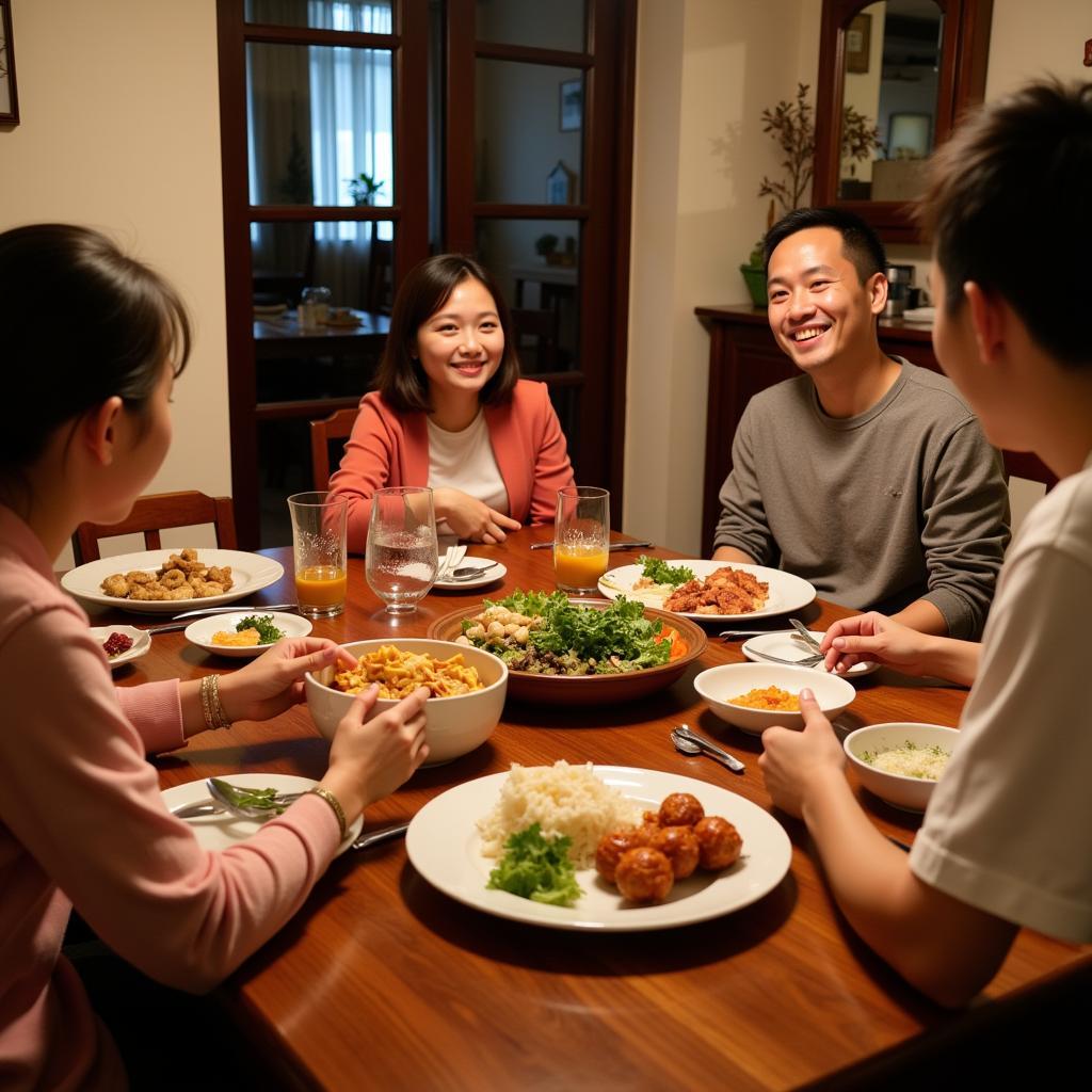 Enjoying a traditional Vietnamese dinner with a host family in a Hanoi homestay.