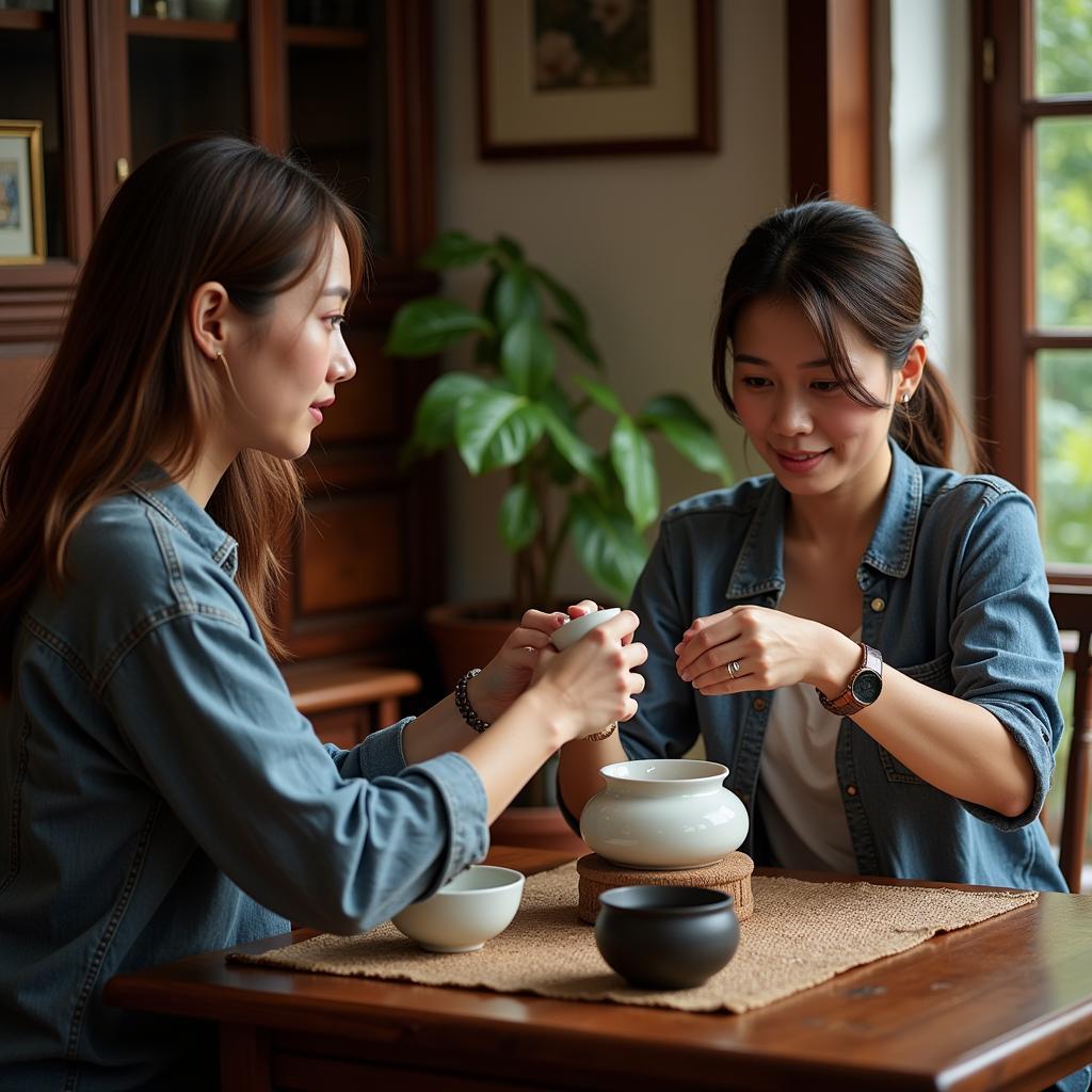 Participating in a traditional tea ceremony at a Hanoi homestay