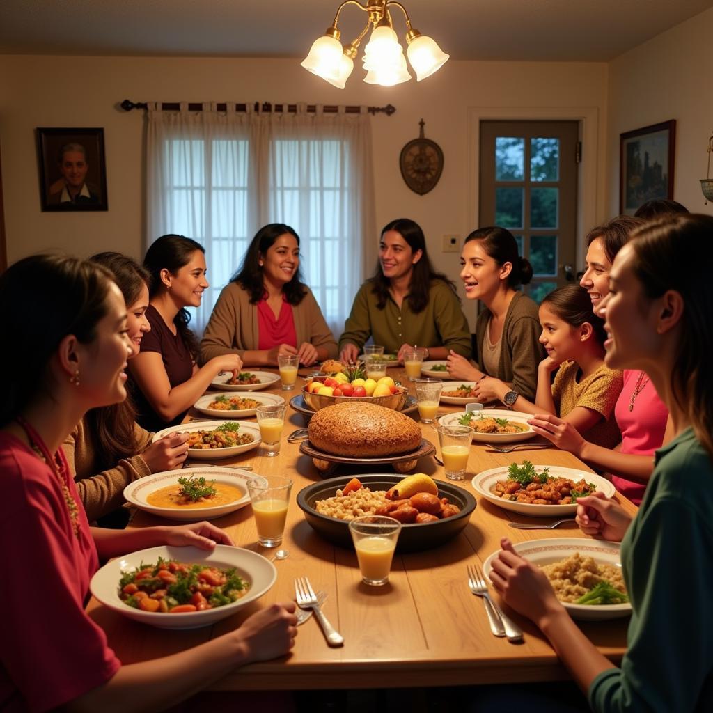 Guests sharing a family dinner with their hosts at a Happy Valley Tea Estate homestay.