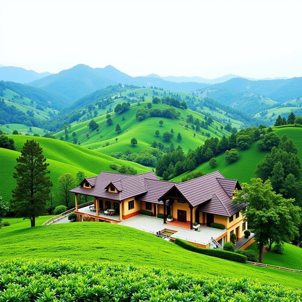 Panoramic view of Happy Valley Tea Estate homestay with rolling tea gardens in the background