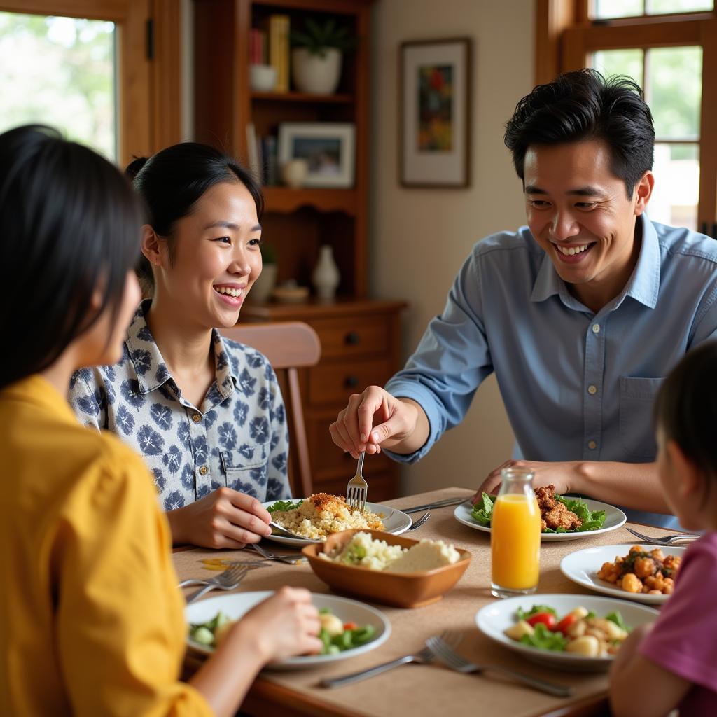 A Japanese student enjoys a meal with their Hawaiian host family.