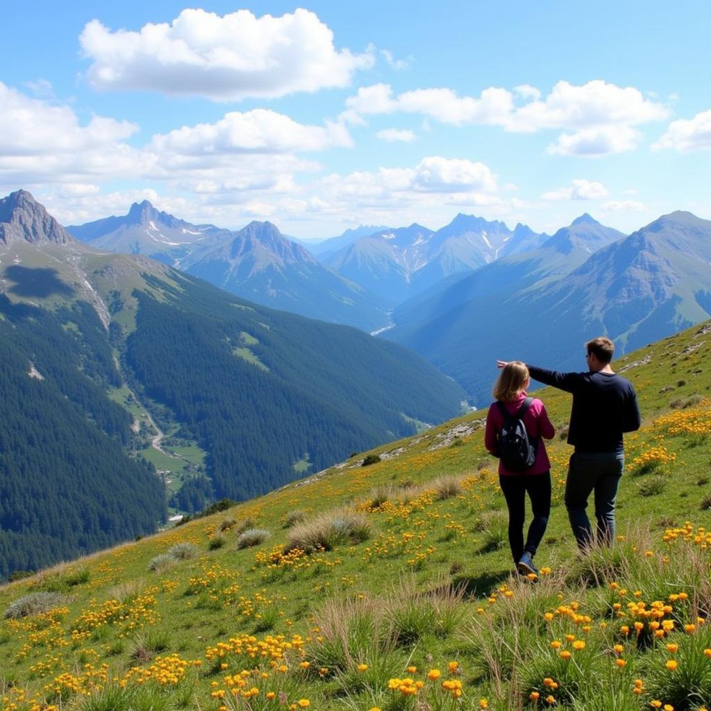 Hiking in the Pyrenees Mountains with a homestay host during a Spanish summer vacation