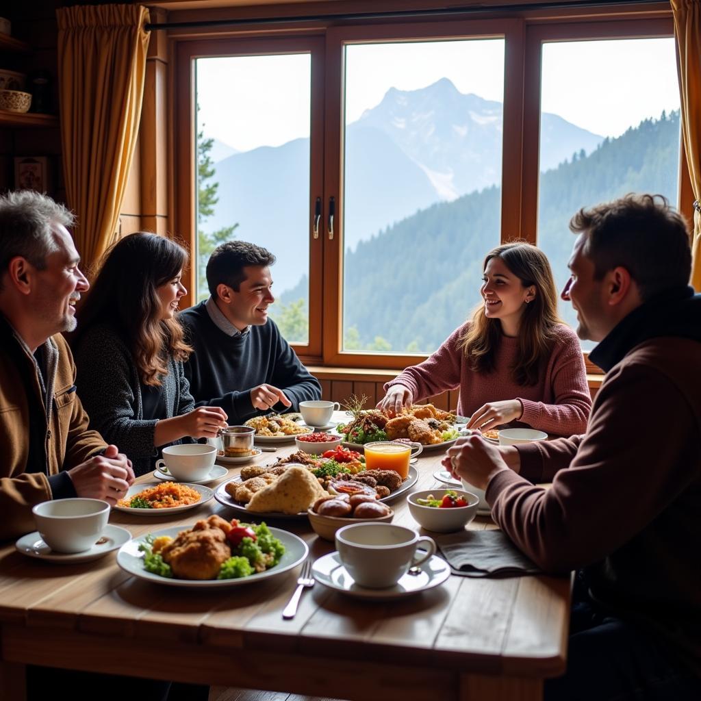 Family enjoying a meal together at a homestay in Himachal Pradesh