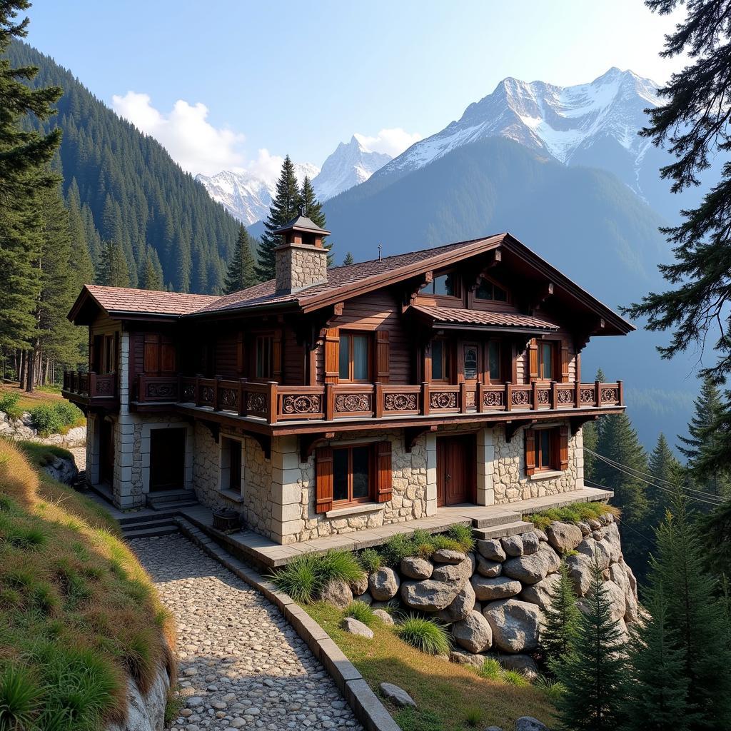 Traditional Himalayan architecture of a heritage homestay in the mountains.