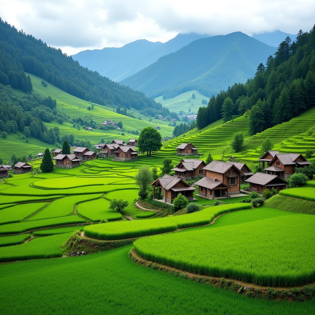 Hmong village nestled in a tranquil valley in Laos, surrounded by lush greenery and traditional houses.